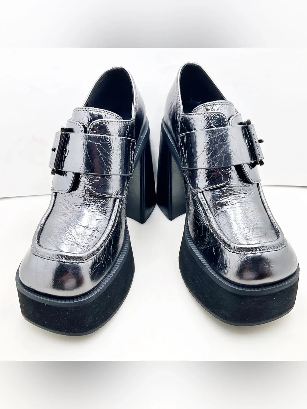 {MICHAEL Michael Kors} Colby Crackled Gunmetal Metallic Leather Platforms
